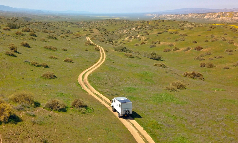 Overland vehicle drives through California